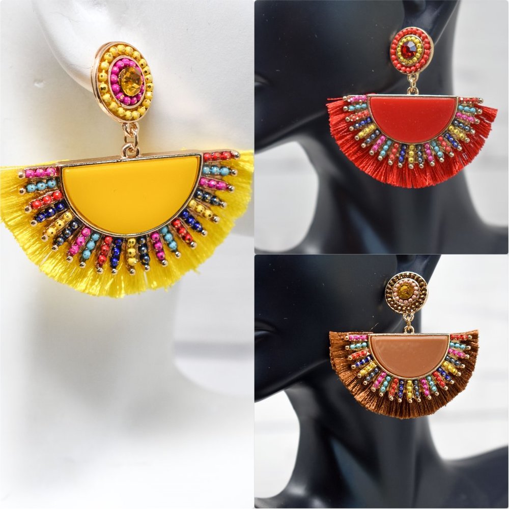 Boho Fan Shape Beaded Tassel Dangle Earrings